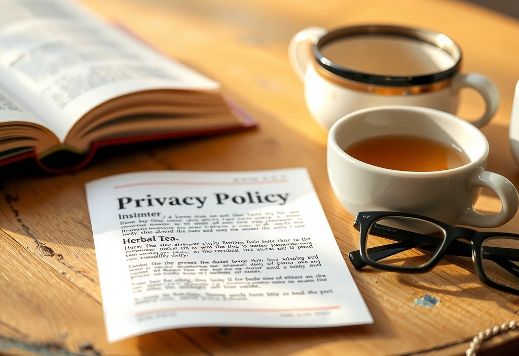 Dokument politike kolačića i šalica čaja na drvenom stolu